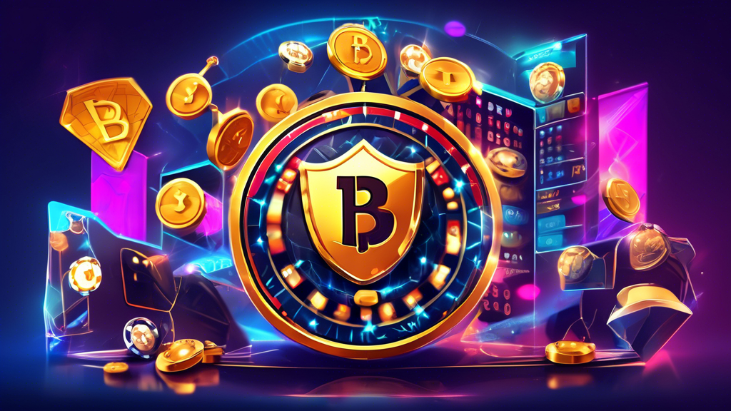 Create an image that visually represents a decision-making process for choosing the best online crypto casino. Show a person considering various factors like security (depicted with a padlock and shield icon), game variety (colorful casino game icons like slots, poker, roulette), and payment options (cryptocurrency symbols like Bitcoin, Ethereum). Add a futuristic touch to highlight future trends in crypto casinos, such as holograms or neon cyber aesthetics. The background should have elements of both traditional casinos and modern cryptocurrency graphics to showcase the hybrid nature of crypto casinos.
