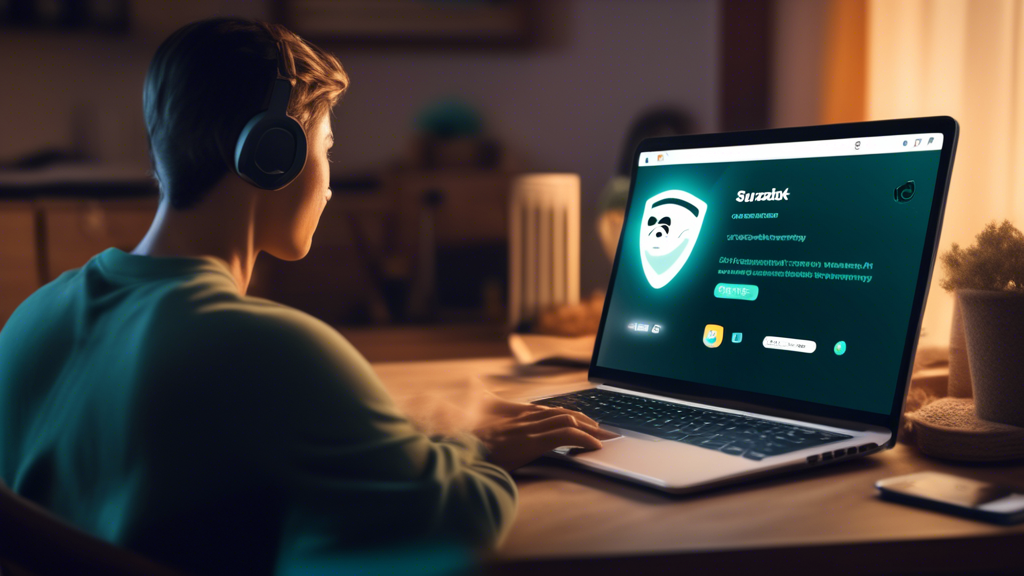 Create an image showing a person comfortably browsing the internet on a laptop in a cozy home setting. The laptop screen displays the Surfshark VPN interface with icons representing advanced encryption technologies. The background should subtly include symbols of privacy, such as a digital shield and padlock, while giving off a feeling of security and peace of mind. Emphasize the concept of anonymity with a semi-transparent mask icon blending into the composition. This image should clearly convey how Surfshark VPN enhances privacy and protection online.