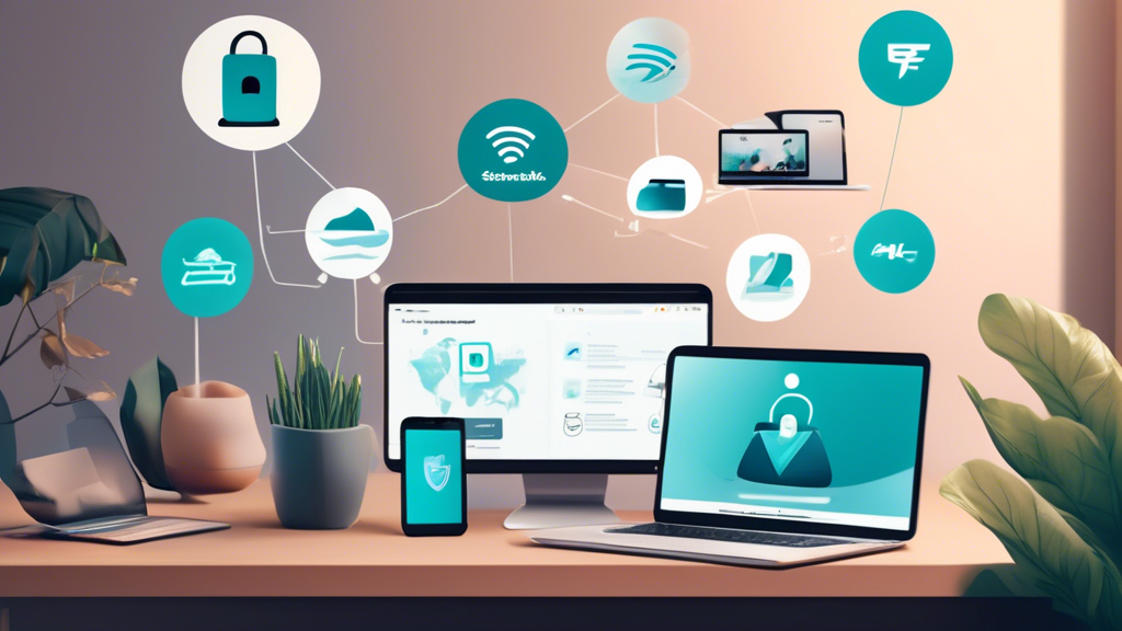 Create an image that showcases a cozy home office setup featuring multiple devices (laptop, smartphone, tablet) all connected securely through Surfshark VPN. The backdrop should include icons representing secure connections, such as padlocks and shields, subtly integrated into the design. In one corner, depict a family relaxed on the couch, showing that Surfshark VPN is also protecting home activities. Additionally, include a testimonial quote at the bottom that reads, Surfshark VPN: La mia protezione online quotidiana with a small user avatar next to it.