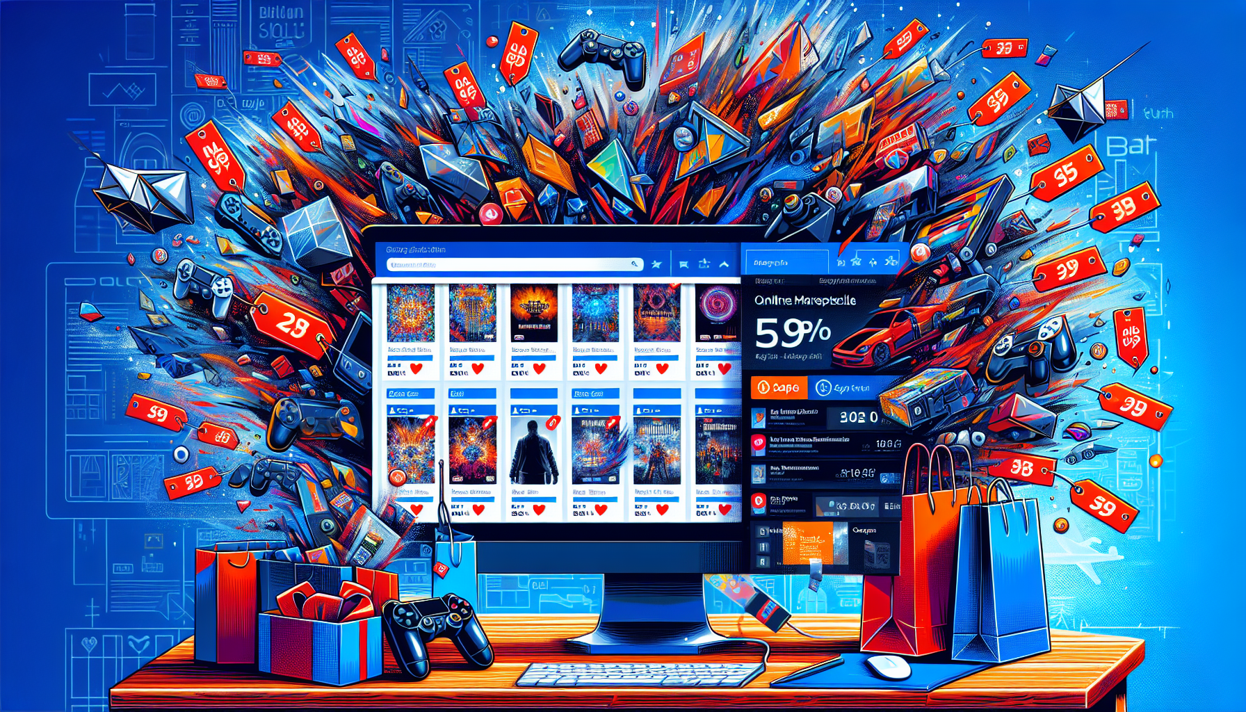 Create an image that depicts several popular PS4 game titles with visible price tags showing discounts. Integrate a wish list being used on a computer screen and show notifications for Amazon sales events like Prime Day and Black Friday. The background should include Amazon branding elements and a sense of excitement with shopping bags and a countdown timer indicating limited-time deals.