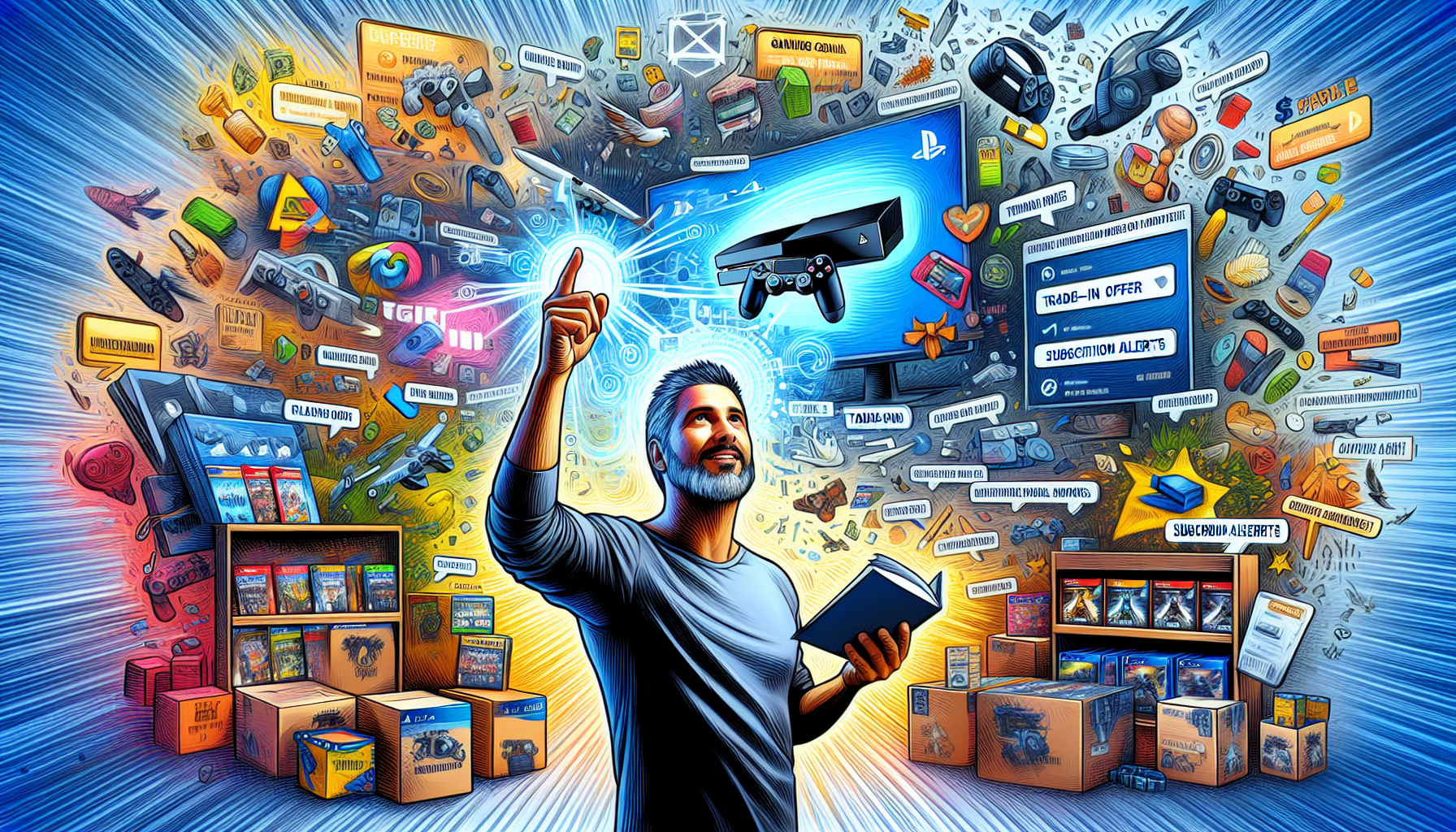 A vibrant scene showcasing various PS4 console and game bundles available on Amazon, highlighting the savings possibilities. Featured prominently in the image is a shopper excitedly comparing different bundle deals, including a trade-in offer. Amazon