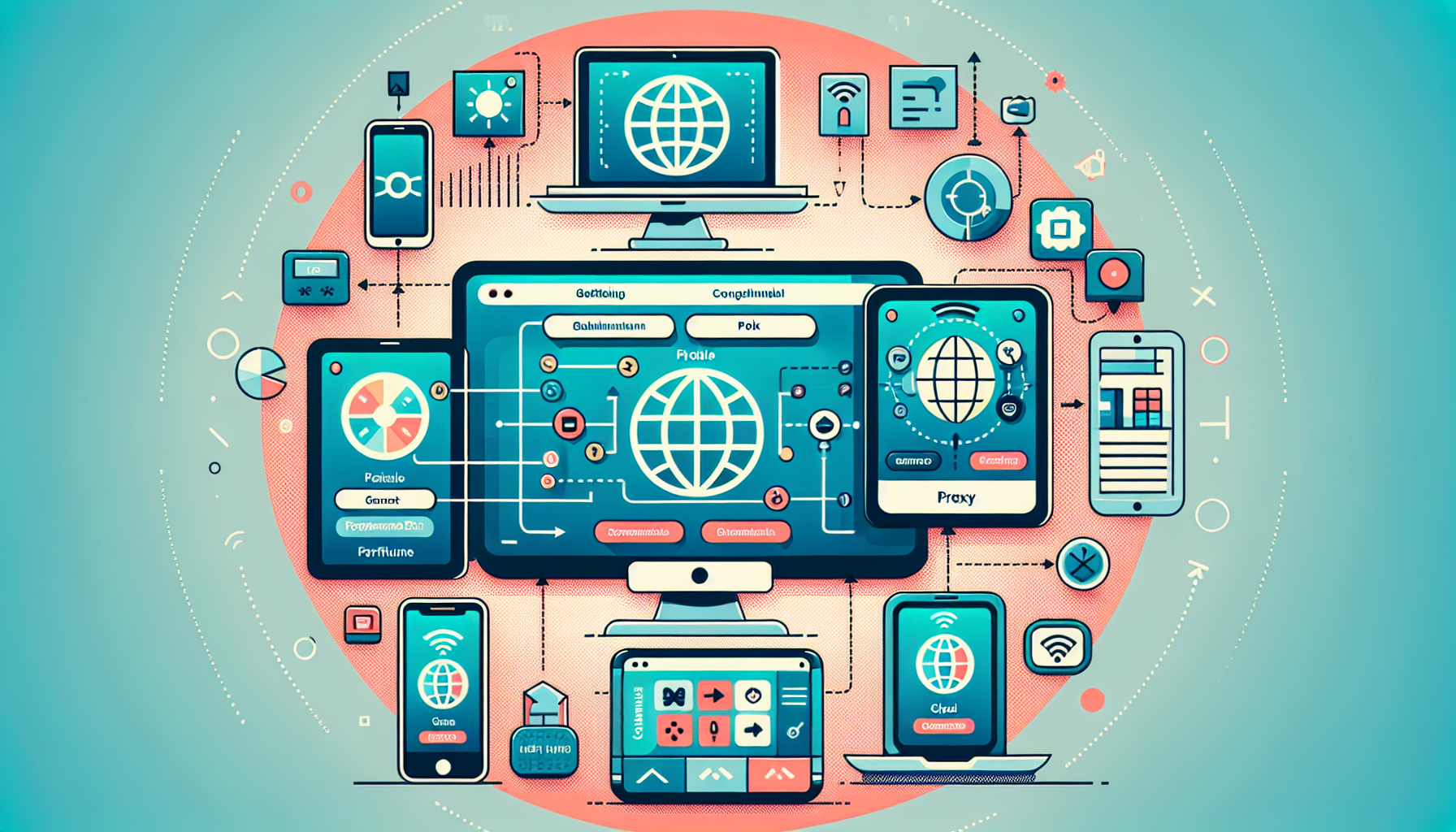 A visually engaging illustration showing a variety of devices including a PC, smartphone, and smart TV, each displaying a different iconic global content platform. The image should depict the step-by-step process of setting up Smart DNS Proxy com on these devices, with clear, simplified graphics and directional arrows guiding the viewer through each step. Surround this central image with small icons representing common setup issues, troubleshooting tips, and optimization advice, creating a comprehensive and user-friendly visual guide.