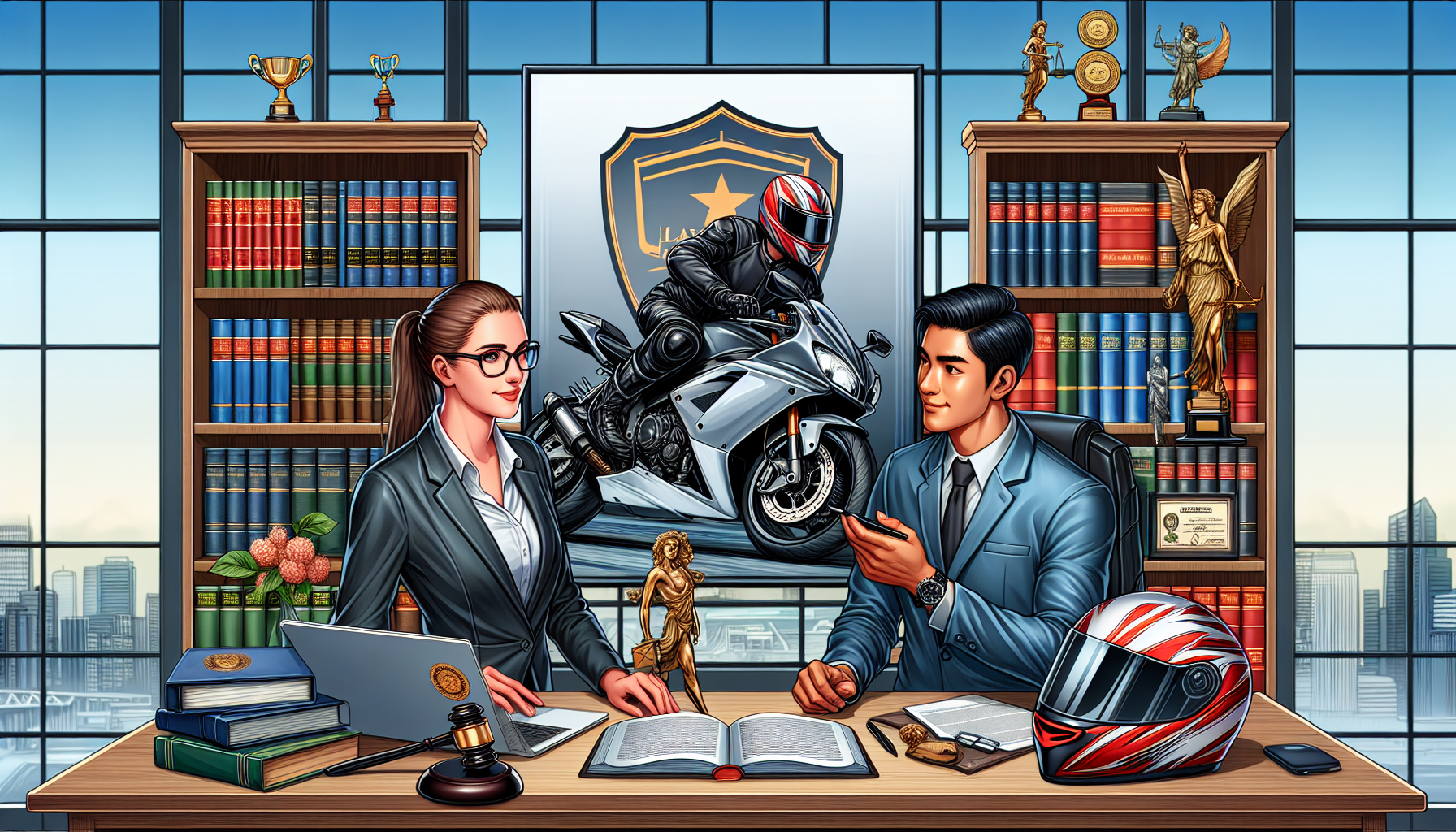 Detailed illustration of a professional and dynamic meeting between a motorcycle accident victim and a top-rated lawyer in a well-furnished, modern office. The lawyer, showing a calm and confident demeanor, is presenting a portfolio of successful cases highlighted on a digital screen, while the client, still in motorcycle gear, listens intently. The background features legal books, awards, and a visible sign of the law firm’s name, alluding to their specialized service in motorcycle accidents. The setting includes symbols like a motorbike helmet and legal documents, emphasizing the focus on motorcycle law expertise.