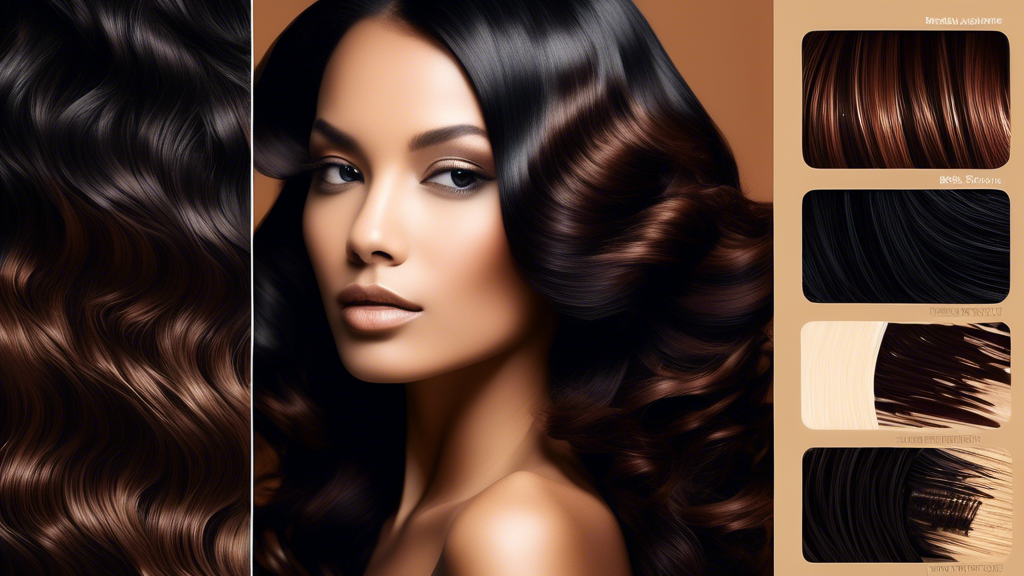 Create an image featuring a close-up of black hair with brown foils. The hair looks vibrant and well-maintained, showcasing the contrast between the deep black and rich brown shades. Around the hair, include recommended hair care products like sulfate-free shampoos, deep conditioners, and heat protection sprays. Also depict a calendar with touch-up appointment reminders circled, and graphics highlighting protection tips like minimizing heat styling, avoiding over-washing, and using silk pillowcases. The background should be a sleek, modern bathroom or vanity setup indicating a personalized hair care routine. Keywords: black hair with brown foils, hair care, touch-ups, protection tips.