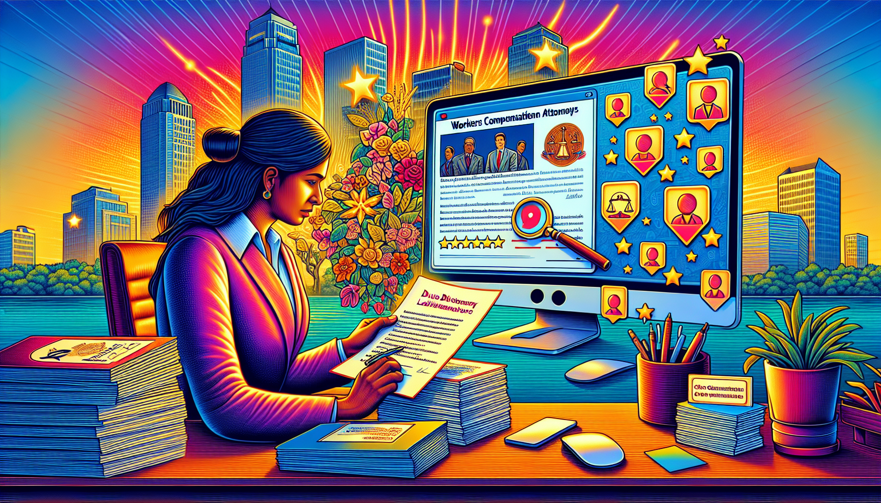 Create a vibrant and engaging digital artwork depicting a person browsing through a stack of business cards and legal documents related to local workers comp attorneys, placed on a desk beside a computer showing a map highlighting local law firms. The backdrop features a bustling cityscape, emphasizing the local urban setting. Include visible details like ratings stars and client testimonials on documents to represent the importance of checking credentials and reviews, highlighting the research phase of finding the best local workers comp attorney.