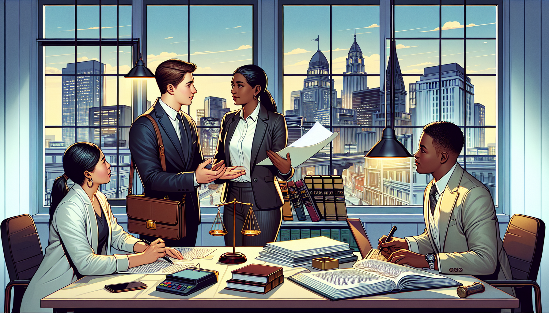 DALL-E prompt: Illustrate an intense client meeting taking place inside a professional, well-lit law office. Include a diverse group of three individuals: a client with a look of concern, portrayed as an Asian male in business casual attire; a local workers comp attorney with a reassuring posture, depicted as a Hispanic female holding documents and wearing a business suit; and an assistant, a Black female taking notes on a laptop. The office has law books, a justice scale, and a window view of a bustling city skyline. Highlight the communication dynamic among them, emphasizing the attorney