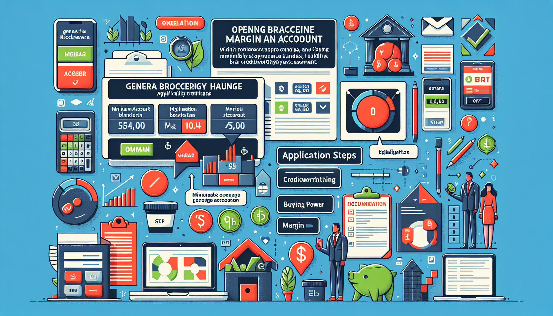 Create a detailed illustration showcasing the process of opening a Charles Schwab margin account. Include visual elements that depict the eligibility criteria, such as minimum account balances and a creditworthiness assessment. Show a step-by-step application process with clear steps and necessary documentation. Add graphic representations of tools and features provided by Charles Schwab, such as buying power and margin calculators, to highlight the account
