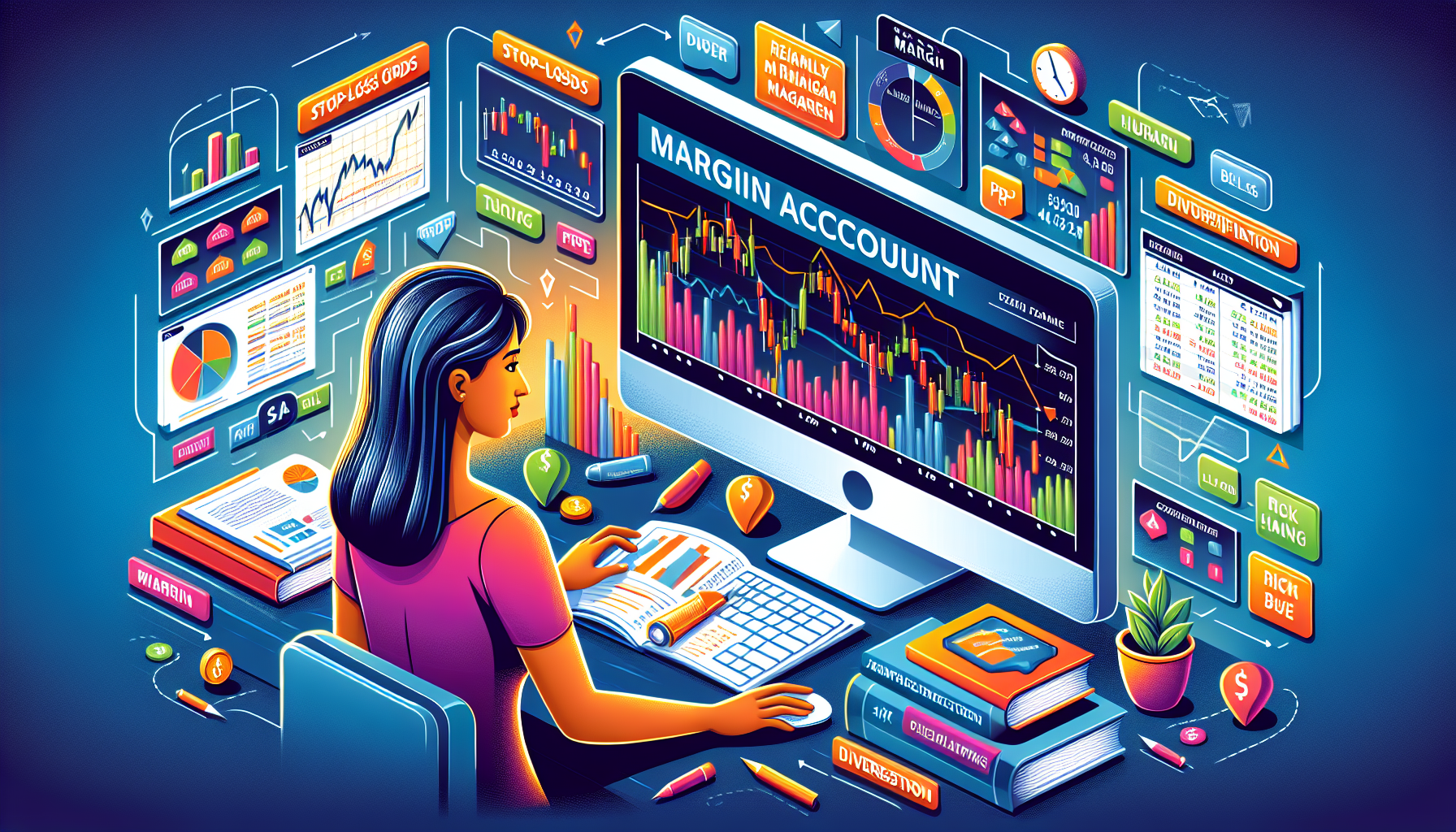 Create an image depicting a Charles Schwab investor analyzing a margin account portfolio on a computer. The scene should include charts and graphs on the screen showing both gains and potential losses, with a focus on risk management strategies. Surround the investor with educational materials, such as books and guides, highlighting concepts like 