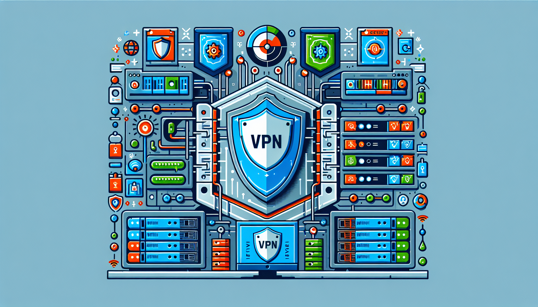 Create an illustration depicting a digital security setup with the following elements to compare:

1. A secure server protected by advanced encryption showing NordVPN Free in a shield.
2. A graphic chart or an icon comparison highlighting security protocols implemented by NordVPN Free.
3. Icons representing data privacy and user protection.
4. A contrasting element showing other VPNs with a lower security rating.

The overall theme should emphasize security and reliability of NordVPN Free compared to other free VPNs.