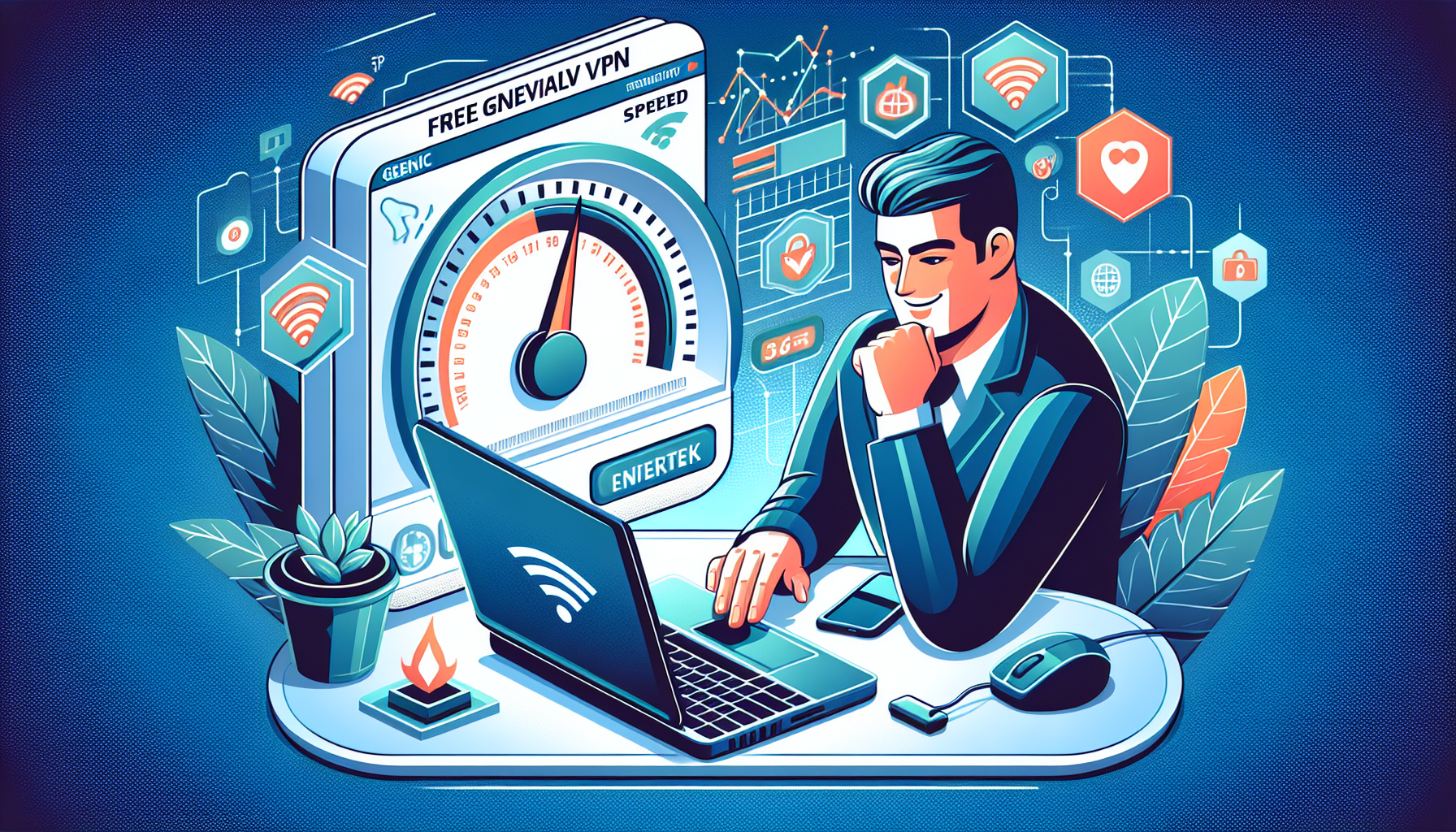 Create an image illustrating the performance and effectiveness of NordVPN Free. Depict a user happily browsing on a laptop with a strong and stable WiFi connection, showing a speedometer indicating high speed. Include icons or visuals representing positive user reviews and access to various online services, such as streaming platforms, social media, and online shopping. Emphasize a seamless and efficient internet experience.