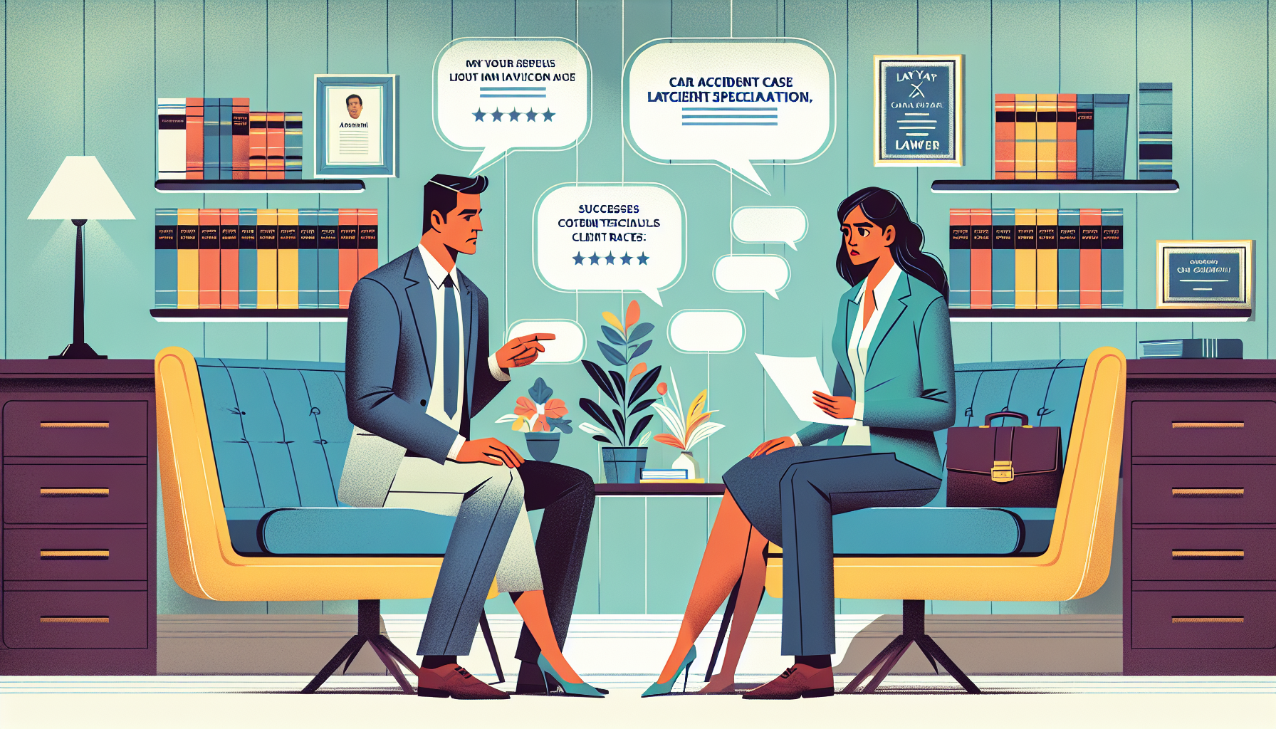 An illustrated scene in a cozy consultation room where a client, portrayed as an anxious middle-aged woman, is attentively listening to a confident, well-dressed lawyer who is explaining a document. Above them, clear text bubbles show snippets of their conversation about the lawyer