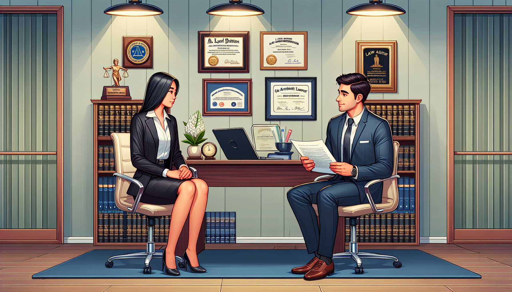 DALL-E prompt: Illustrate a professional and detailed scene inside a consultation room where a potential client is sitting across from a distinguished car accident lawyer. The room is well-lit and decorated with law books, certificates, and accolades. The lawyer, appearing confident and attentive, is explaining a document to the client. On the desk, there