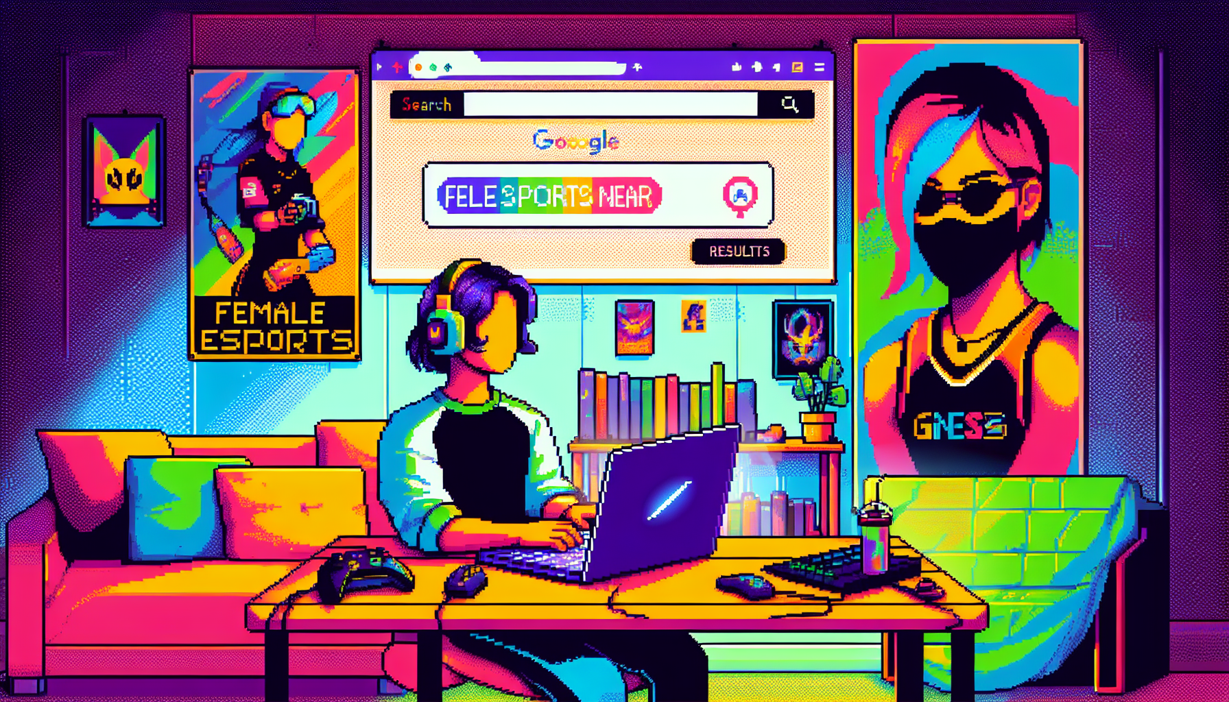 Create an image of a person using a laptop at home to search for local female esports teams online. The screen shows a search bar with the keyword female esports near me, with several results and links to community platforms. The scene includes posters of popular female esports teams on the walls, a few gaming accessories like headphones, a controller, and bright lighting that gives the room an energetic and vibrant atmosphere.