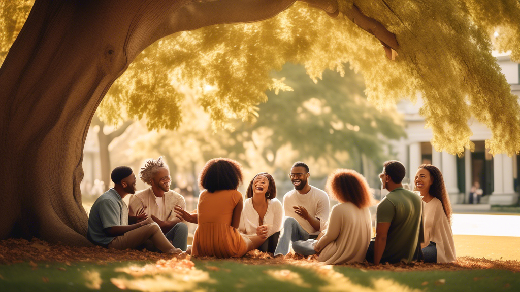 A group of diverse individuals engaging in a deep, heartfelt conversation under a beautiful tree in a serene park setting, symbolizing the importance of strong relationships and social connections for lasting happiness. The scene captures laughter, shared moments, and supportive interactions, with warm sunlight filtering through the leaves, creating a sense of contentment and resilience despite the background of ongoing life