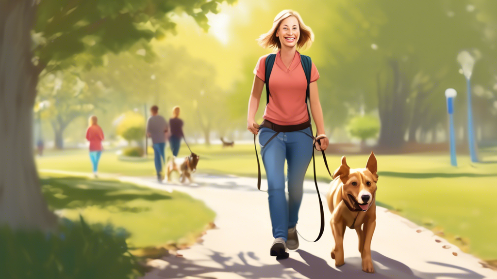 Create an image that illustrates a happy, comfortable dog walking with its owner using a no pull leash. The design should highlight the anatomical features of the leash that prevent choking, such as a harness that distributes pressure evenly across the chest and shoulders. The setting should be a peaceful park, with both the owner and the dog appearing relaxed and enjoying the walk. Include a small testimonial text box from a pet owner saying, Since using the no pull leash, our walks have been stress-free and delightful!