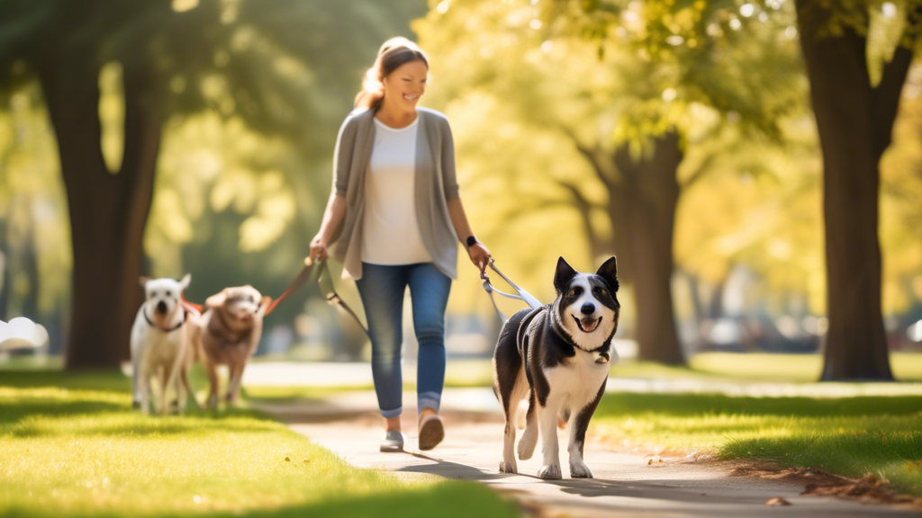 A serene park setting with a dog owner happily walking their dog using a no pull leash. The dog looks focused and well-behaved, walking alongside the owner without pulling. In the background, there are other dogs and owners, showing a mix of controlled and uncontrolled walking behaviors. The image highlights the dog-owner pair using the no pull leash, radiating discipline and good walking habits. Keywords: no pull leash, dog walking training, disciplined walking habits.