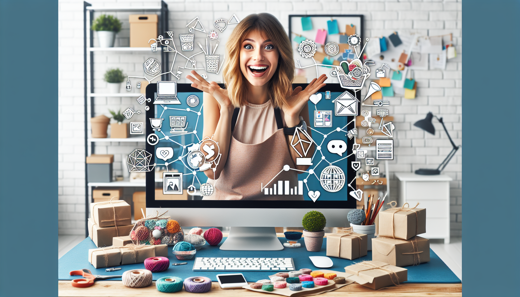 Create an image of a young entrepreneur in a vibrant home office setting, surrounded by handmade crafts and various e-commerce packages ready to be shipped. The background should display a computer screen showing a popular e-commerce platform with a thriving storefront. Include elements like social media icons and marketing tools to emphasize the online selling aspect. Highlight the enthusiasm and creativity of turning a passion into profit through online selling side hustles to make extra cash.
