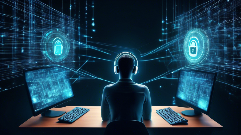 Create an image of a person using a computer, surrounded by glowing digital symbols and a virtual lock icon, representing anonymity and online security. The background should display high-speed internet connection imagery, like sweeping lines or data trails, to demonstrate speed and performance. Emphasize additional features like a world map pinpointing various connection servers, all highlighting the benefits of using IPVanish for free.