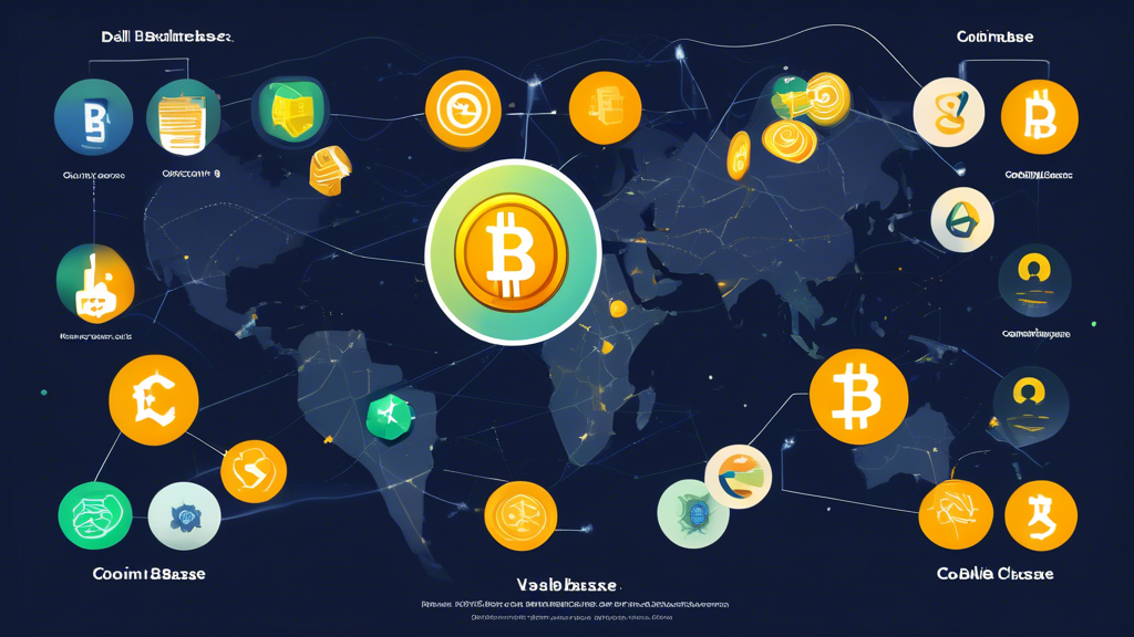 Prompt for DALL-E: Create an image that illustrates a comparison of viable alternatives to Coinbase as top cryptocurrency exchanges in the United States. Highlight three major platforms: Binance.US, Kraken, and Gemini. Show their unique features and advantages in a visually engaging manner, with icons or symbols representing their strengths such as security, trading features, and regulatory compliance. Include a modern financial theme with elements like digital coins, charts, and secure transaction symbols.