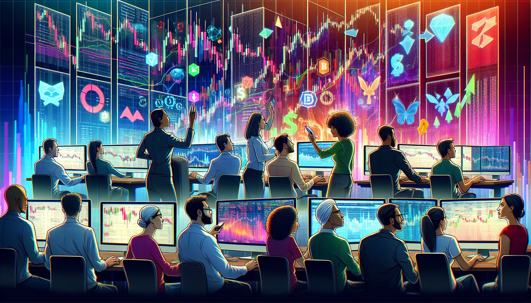 Create an image prompt for DALL-E: 

**A dynamic illustration showing a diverse group of traders closely monitoring multiple computer screens displaying cryptocurrency charts and graphs. The background is filled with vibrant, futuristic elements symbolizing the crypto market