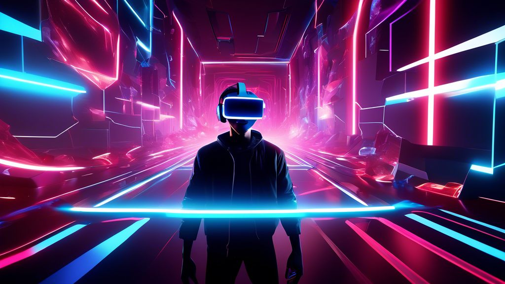 Create an image that showcases the enhanced visual and audio immersion of playing Beat Saber on PSVR 2. The scene should depict a player wearing a PSVR 2 headset, immersed in a vibrant, neon-lit virtual environment. Emphasize the detailed graphics with sharp, colorful cubes and energetic backgrounds. Show motion lines indicating the dynamic movement of the player slicing through cubes with dual sabers. Highlight features like haptic feedback and adaptive triggers with subtle glowing effects on the player