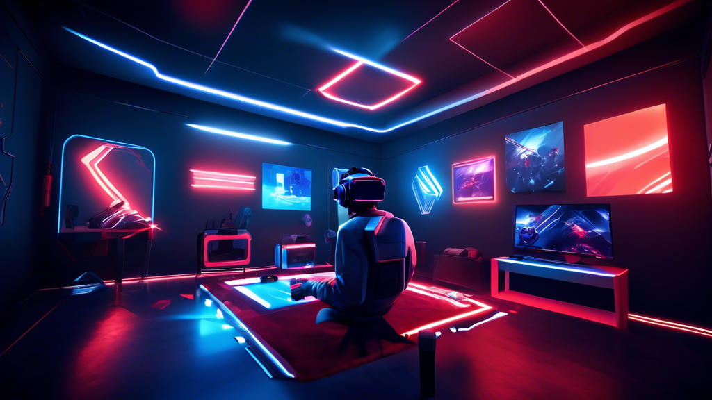 Create an image of a futuristic gaming setup specifically designed for Beat Saber on the PSVR 2. Show a young gamer in a sleek, modern room, fully engaged and immersed in the game. The player should be wearing the PSVR 2 headset with the new advanced controllers that feature haptic feedback and adaptive triggers. The room