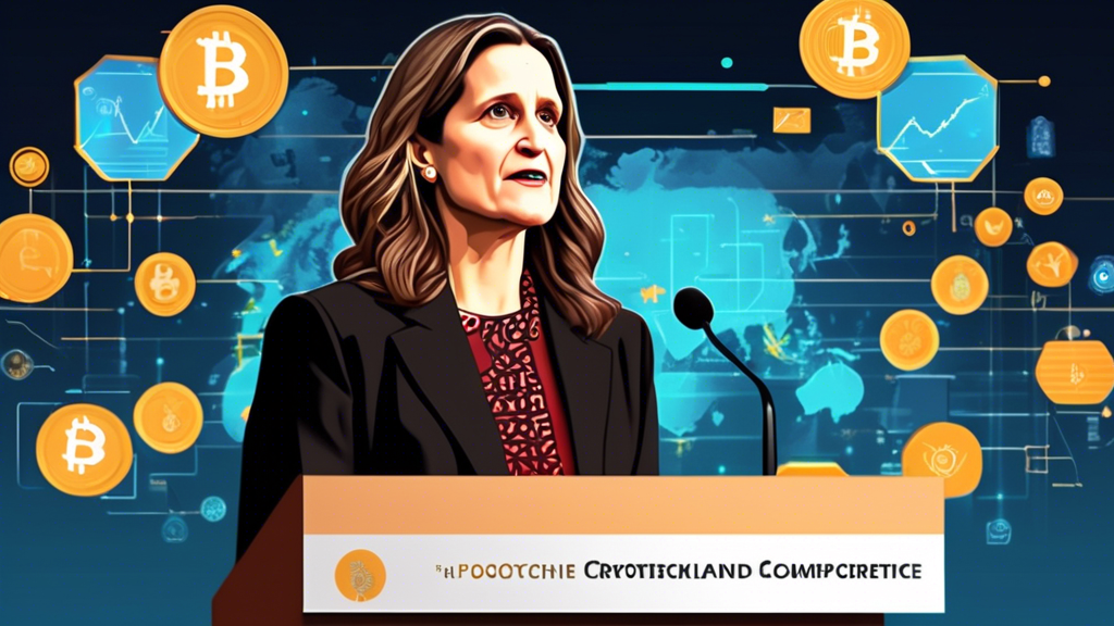 Create an image that depicts Chrystia Freeland in a professional setting, standing at a podium with a backdrop featuring blockchain and digital currency icons. She is addressing an audience of attentive policymakers and financial experts. In the background, there are charts and graphs illustrating cryptocurrency trends and regulatory frameworks. The mood is serious and analytical, emphasizing the importance of comprehensive regulations to address risks such as fraud and financial instability.

Keyword: chrystia freeland crypto regulations