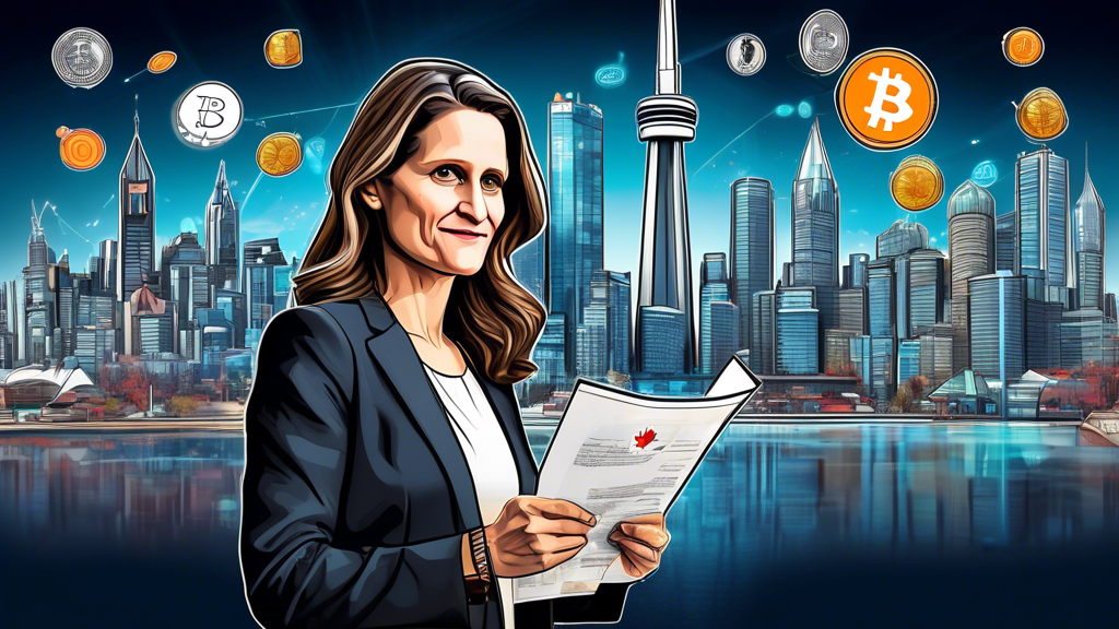 Create an illustration that depicts Chrystia Freeland standing confidently in front of a futuristic Canadian cityscape integrated with cryptocurrency symbols like Bitcoin and Ethereum. She is holding a speech document, symbolizing her vision for the future of cryptocurrency in Canada. Surrounding her, various stakeholders, including tech-savvy crypto enthusiasts, traditional bankers, and government regulatory figures, are shown reacting with a mix of curiosity, enthusiasm, and scrutiny. The overall tone should appear forward-thinking and dynamic, indicating a significant evolution in Canada