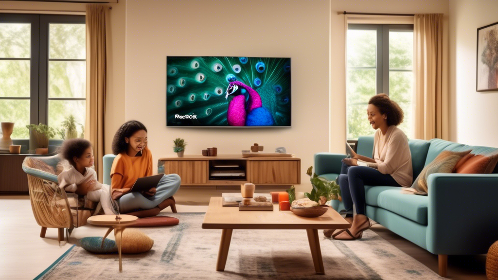 A lively living room setting with a family watching a smart TV displaying a vibrant Peacock Premium interface. On one side, a laptop shows an open chat window with a friendly customer service representative assisting the user. On the coffee table, a tablet displays user reviews and ratings of Peacock Premium alongside Netflix and Amazon Prime Video logos for comparison. Overall ambiance should evoke satisfaction, engagement, and comfort.