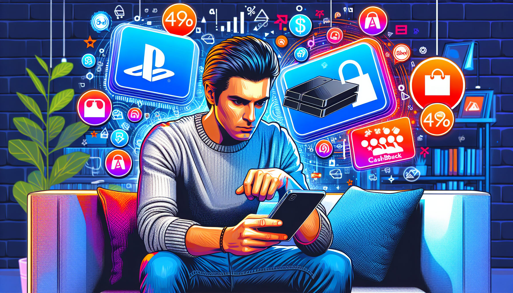 Create an image of a savvy shopper using a smartphone to compare PlayStation 4 prices on different retailers