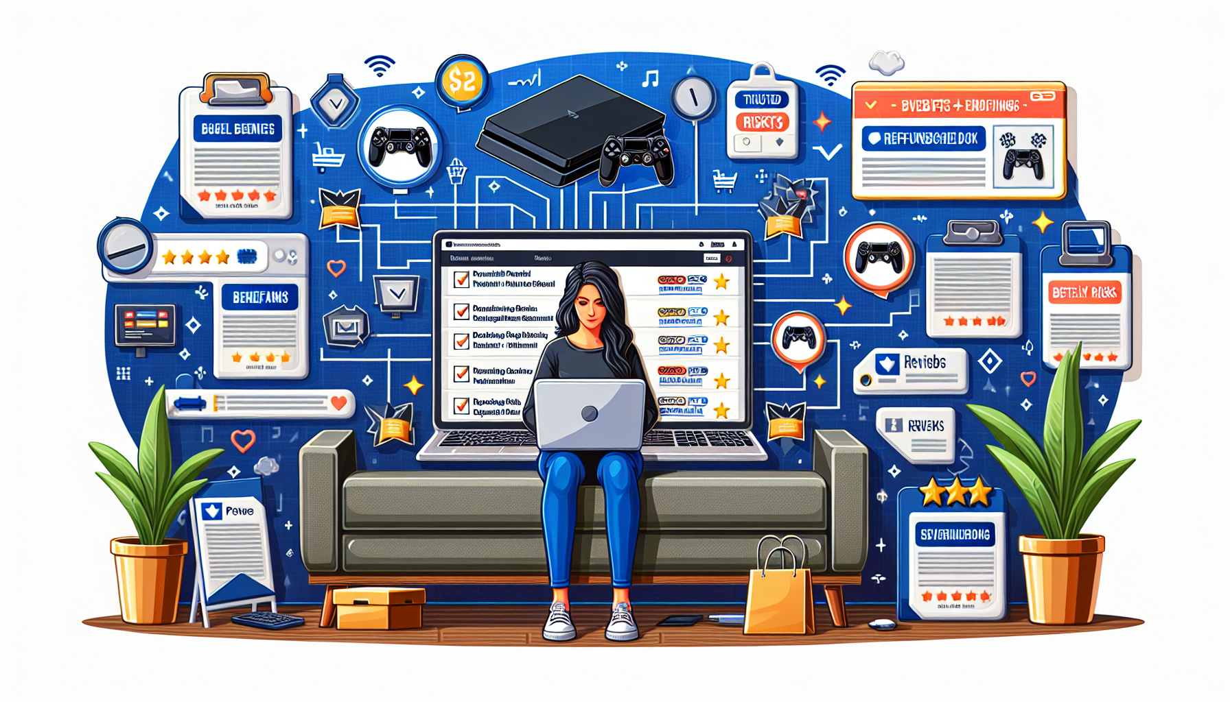 A detailed, high-quality illustration showing a shopper confidently browsing through various online listings on a laptop for used and refurbished PlayStation 4 consoles. The laptop screen prominently displays trusted platforms like eBay, Craigslist, and certified refurbishers. Around the shopper, additional elements like a checklist of benefits and risks, price tags showing significant savings, and icons for reviews/testimonials add to the scene. The overall mood should be informative and suggest smart shopping in a modern, digital-savvy context.