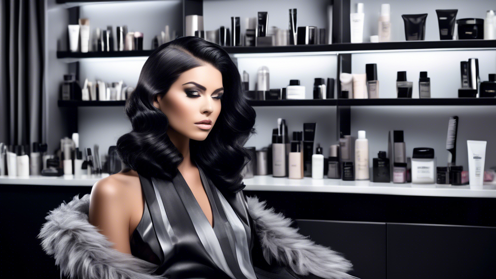 Create an image of a fashion-forward individual with perfectly styled black hair featuring grey foils. The scene should include a professional hair stylist in a chic salon setting, applying the grey foils to the black hair. The individual is sitting in a sleek, modern salon chair, surrounded by various hair care products and tools on a pristine countertop. The stylist is carefully placing the foils with precision, showcasing the detailed process of achieving the look. The salon is well-lit with contemporary decor, providing a luxurious and trendy atmosphere. The focus is on the meticulous preparation and application of the foils, highlighting the balance between professional skill and the artistic aspect of hair styling.