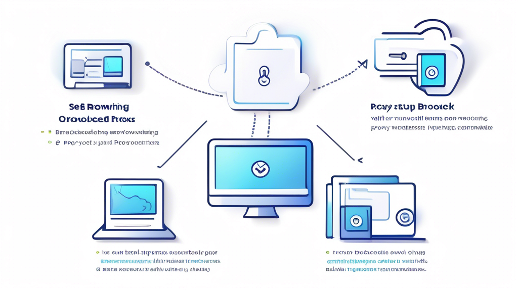 A crystal-clear, step-by-step illustrated guide showing how to set up and use a proxy browser unblocked. The image highlights different stages: selecting a proxy browser, configuring it, troubleshooting setup issues, and safe browsing tips. Visual elements include icons of popular proxy browsers, screenshots of installation and configuration steps, and tips on secure connections. The background is a light gradient ensuring the visuals stand out, with a reassuring and educational tone that makes the setup process seem easy and approachable.