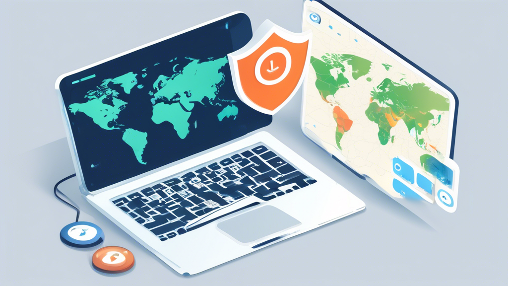 Create an image that visualizes the benefits of using a proxy browser unblocked. Showcase a computer screen with a proxy browser interface open, highlighting enhanced online privacy and security by displaying icons of a shield and a lock. Illustrate bypassing geographical restrictions with a world map and arrows pointing to different countries, symbolizing access to global content. Include a speedometer gauge on the side to emphasize improved browsing speed and performance.