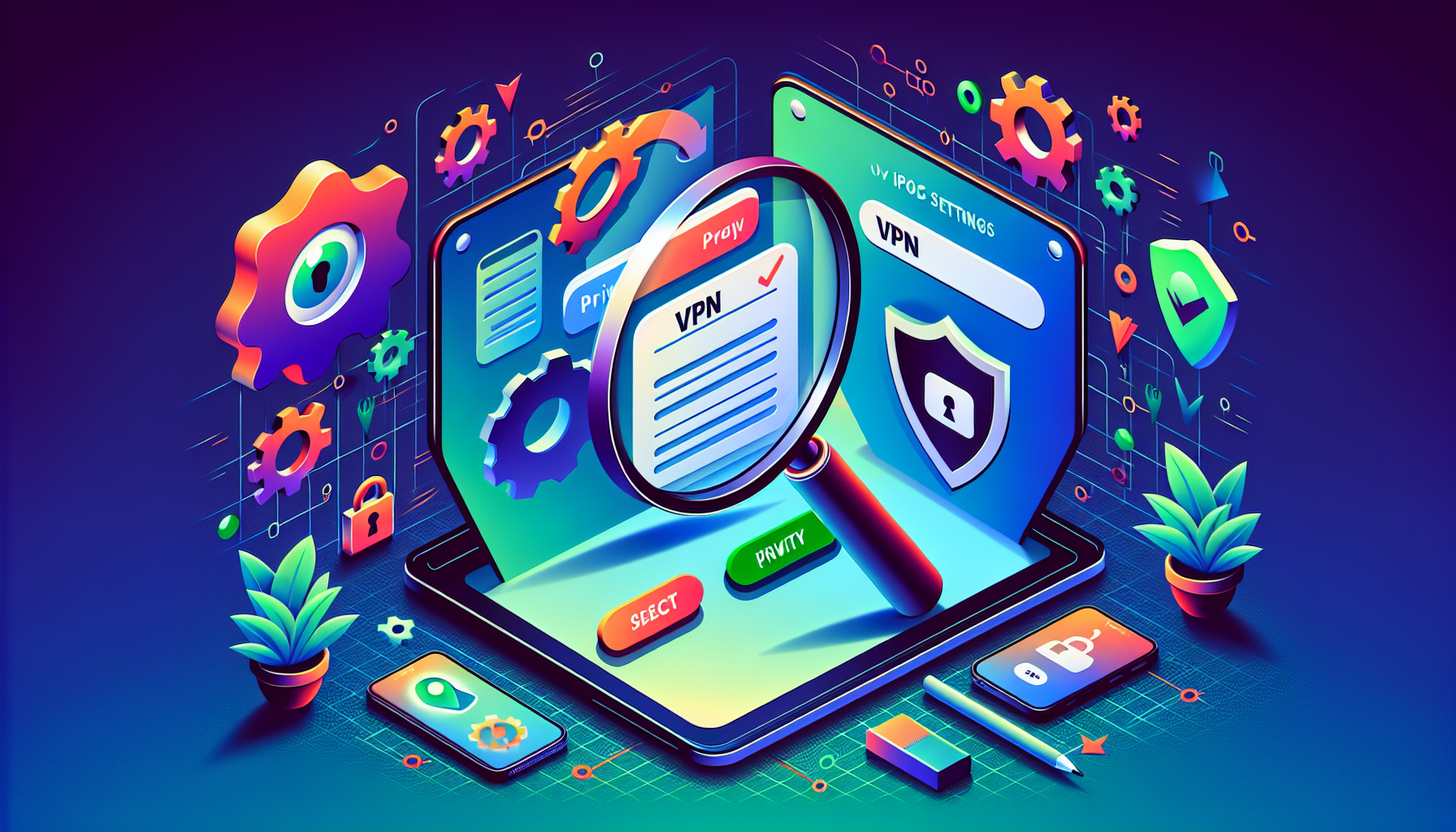 Create a detailed and visually engaging image showing a step-by-step guide to setting up a VPN on an iPad. The image should depict a sleek and modern iPad screen with clear, easy-to-follow instructions. Include visuals for selecting a VPN app, navigating through iOS settings, and verifying the VPN connection. Incorporate icons for security and privacy for added emphasis.