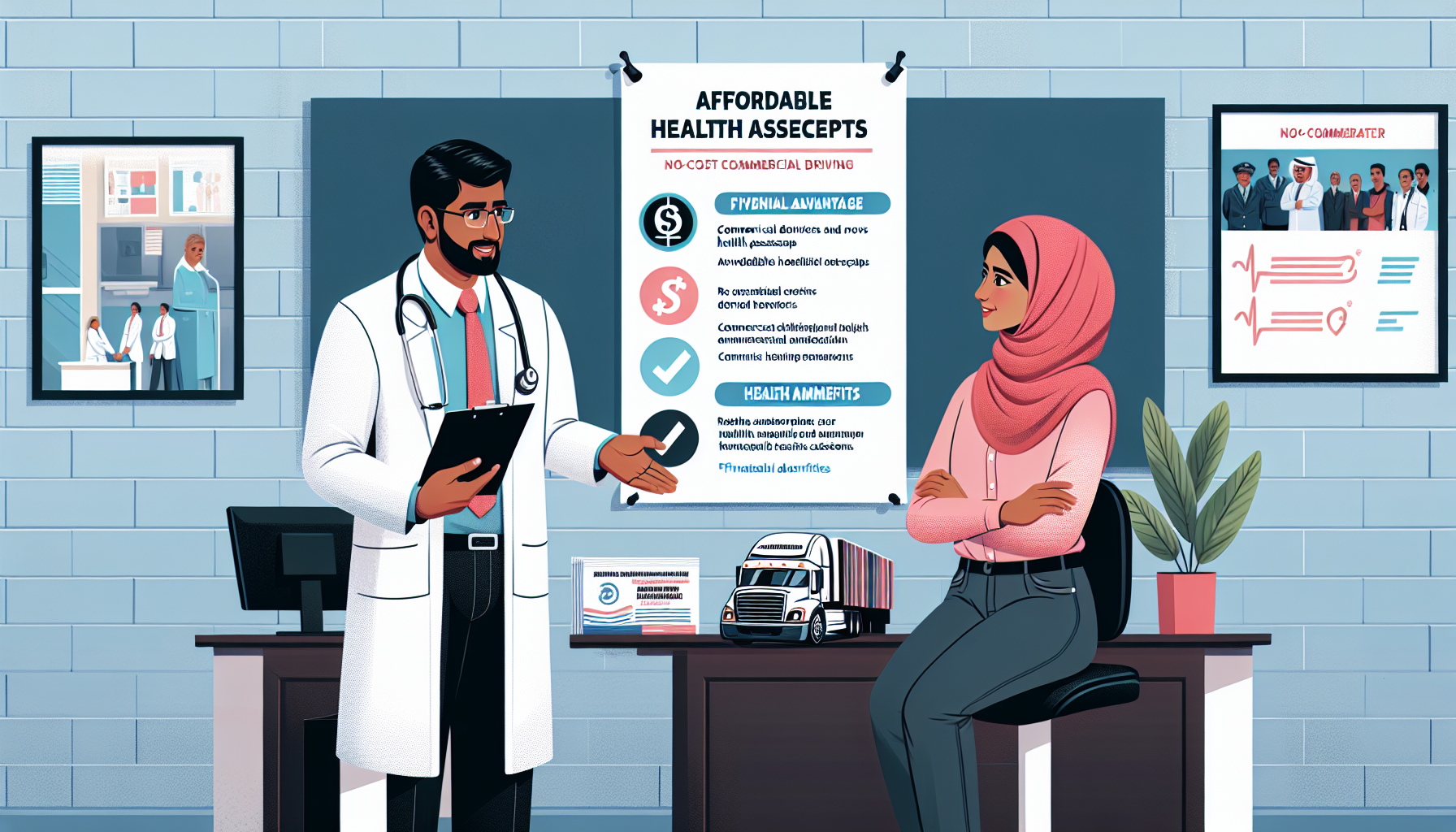 Create an image of a friendly doctor discussing affordable healthcare options with a truck driver in a clinic, with visible brochures advertising free DOT physical exams and a backdrop displaying a chart showing costs and benefits of regular health check-ups, reinforcing how ongoing health monitoring can save drivers money in the long term.