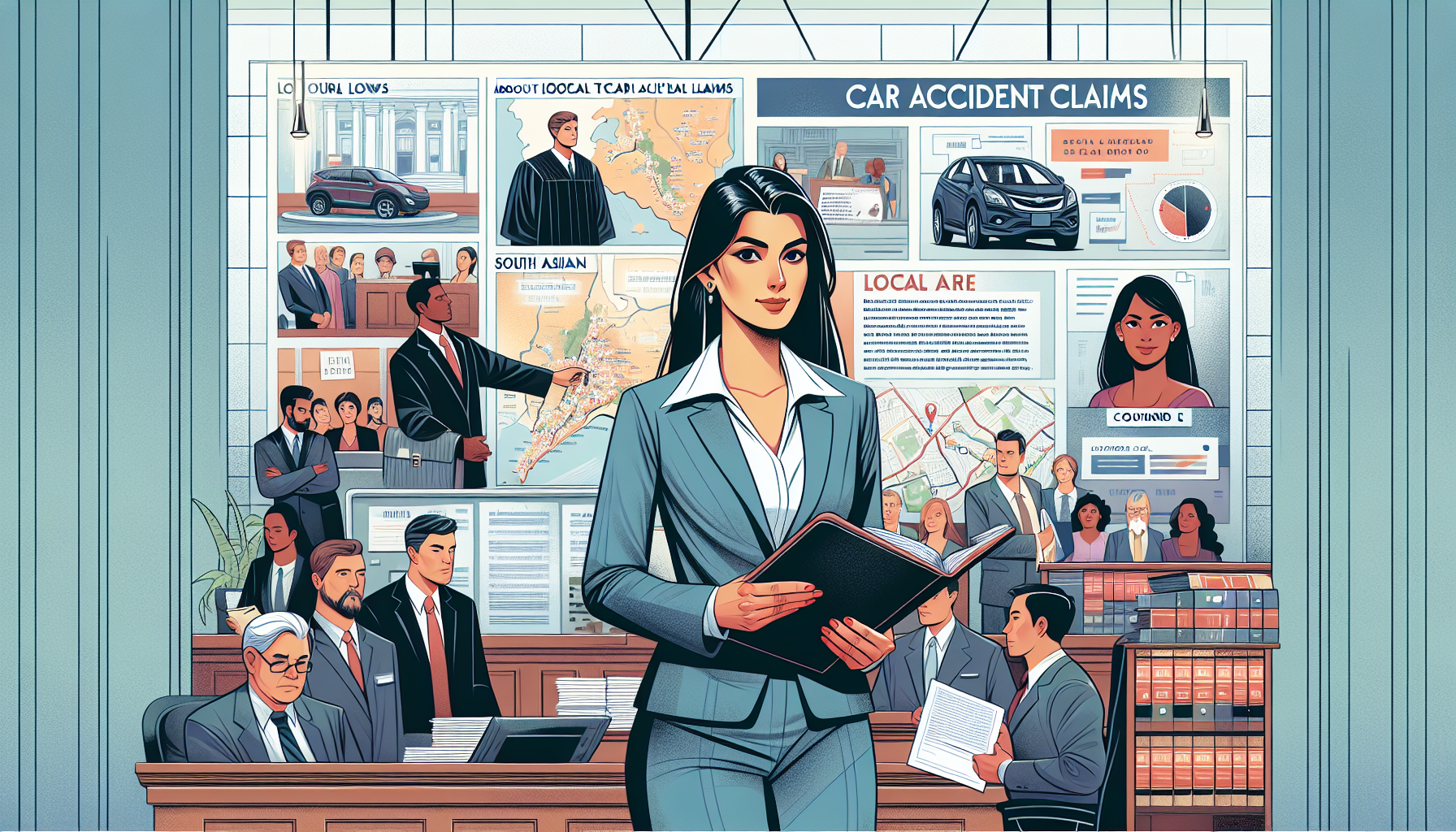 Prompt: A digital image depicting a professional and authoritative lawyer standing in front of a courtroom, holding a file labeled 