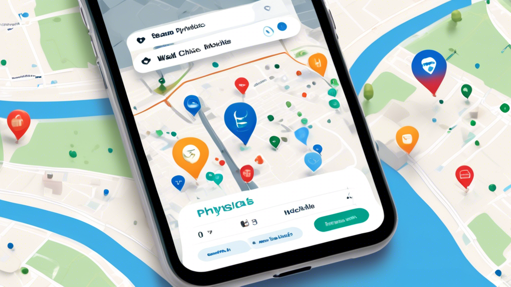 Create a DALL-E Image: A friendly, modern interface on a smartphone screen showing a map with nearby clinics and hospitals marked with pins. The screen also displays search results for DOT physicals, including an option for mobile clinics and walk-in services. Icons for mobile clinics and urgent care centers are highlighted, and a character is using the device, looking satisfied and relieved.