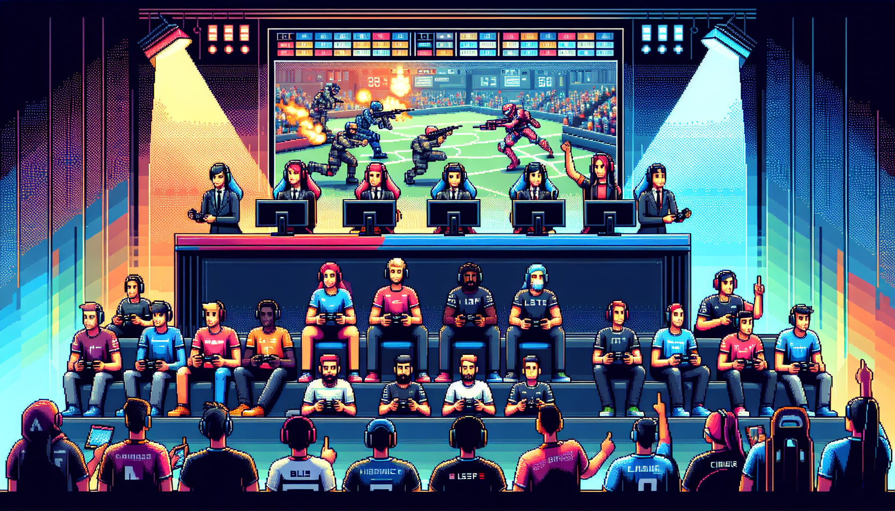 Create an image depicting the key elements of successful gaming competitions, focusing on the criteria for game selection and the rules for fair play. The scene should show a diverse group of gamers intensely focused on a high-stakes esports tournament, with a large screen in the background displaying the in-game action. Include visual elements like referees or officials ensuring fair play, standardized gaming equipment, and a scoreboard showing real-time updates. The atmosphere should be energetic and competitive, with clear attention to the structured and organized nature of the event.