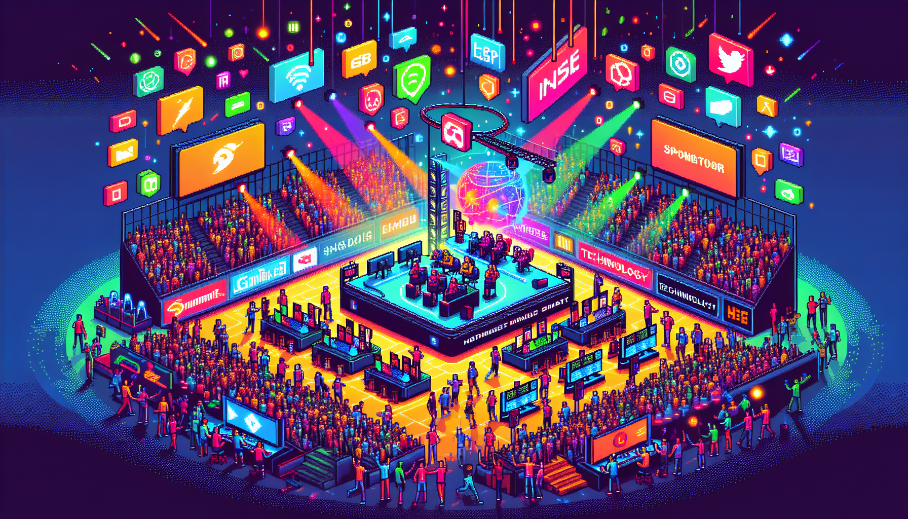Create an image showcasing the cultural and economic impact of gaming competitions: A vibrant scene at a large eSports arena filled with excited fans waving banners, under dynamic lighting. In one section, a group of diverse gamers are passionately playing on high-end gaming setups. Nearby, booths of major sponsors like energy drink brands, tech companies, and gaming merchandise are bustling with activity. In the background, make sure to capture the essence of social media engagement with avatars and notifications floating above the crowd, highlighting the connected, dynamic nature of this community.