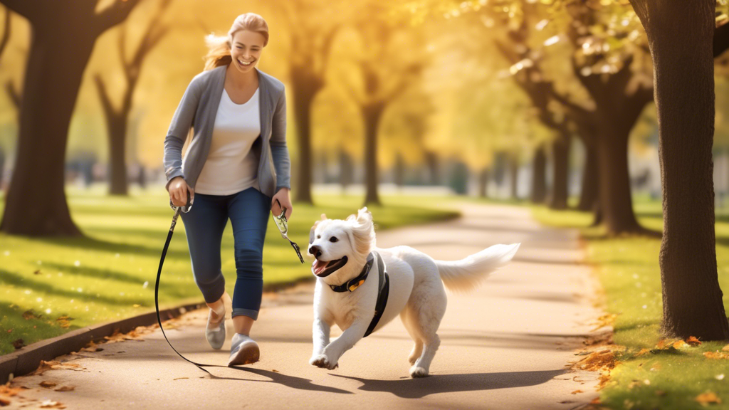 Create an image showing a happy dog owner using an extendable dog lead with their well-behaved dog in a park setting. The lead features visible safety mechanisms like a brake and lock system on the handle, ensuring the dog can roam safely while the owner has control. The scene should also depict the owner engaging in a training session, demonstrating positive reinforcement and recall exercises, illustrating how the extendable dog lead aids in effective training.