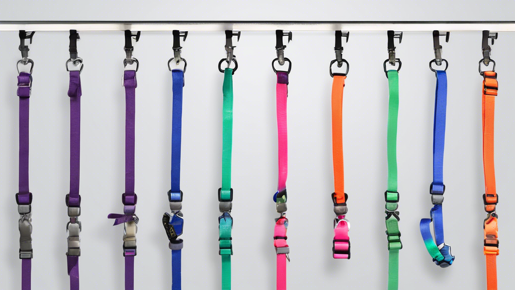 Create an image showcasing a variety of extendable dog leads in different sizes and colors, neatly arranged on a display rack. Include small, medium, and large leads, emphasizing their suitability for different breeds and sizes of dogs. Add a background setting of a pet store or an outdoor scenario where a dog owner is comfortably using an extendable lead with their dog. Make sure to highlight the compact design and easy-to-use features of the leads, illustrating with icons or small insets the versatility compared to traditional fixed-length leads.