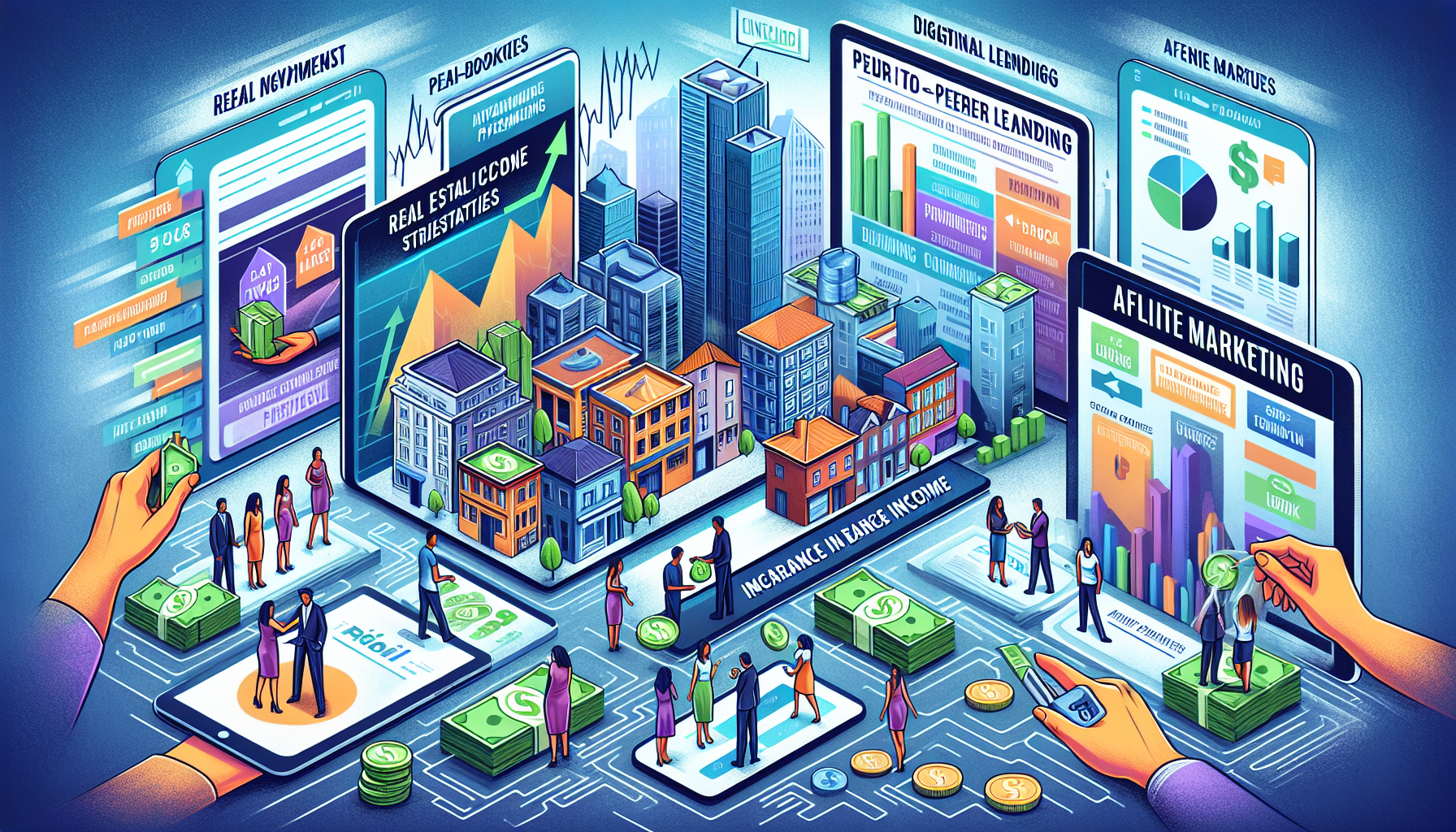 A visually engaging image featuring various passive income side hustles to boost earnings. Depict real estate investments with a stylized cityscape and rental properties, a stock market chart with rising dividend-paying stocks, digital products like e-books and online courses displayed on devices, peer-to-peer lending symbolized by interconnected people exchanging money, and affiliate marketing with a person promoting products online and earning commissions. The scene should be vibrant, modern, and inspiring, indicating multiple pathways to financial freedom and ongoing earnings.