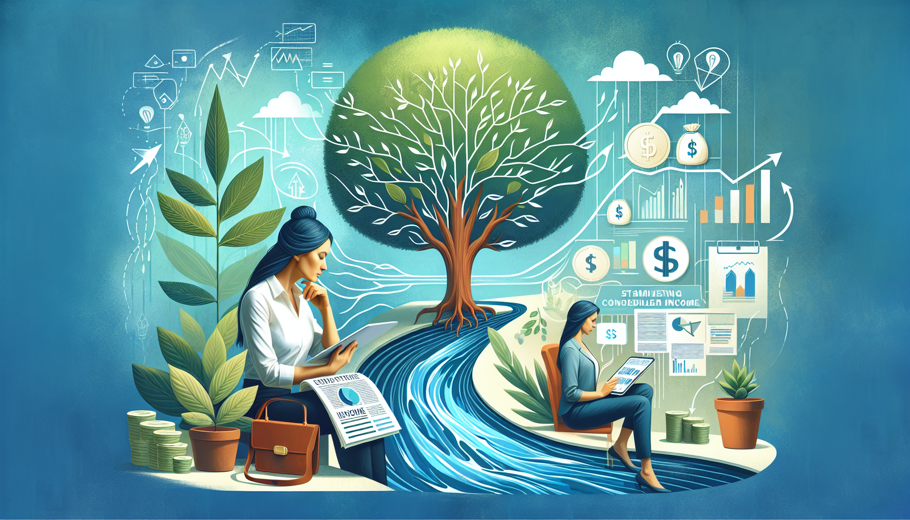Prompt for DALL-E: Create an illustration showcasing tips for success in passive income side hustles. The image should include visual representations of starting small and scaling up, diversifying income streams, and staying informed and updated. Include elements like a small plant growing into a big tree, multiple streams flowing into one large river, and a person reading financial news on a tablet or attending an online course. The overall vibe should be inspirational and informative, using bright colors and clear, engaging graphics.