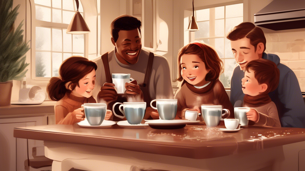 DALL-E prompt: Illustrate a cozy, modern kitchen scene with a family gathered around, enjoying creamy, smooth hot chocolate freshly made from a stylish Hot Chocolate Velvetiser. The image portrays the convenience and speed of the preparation process, with the Velvetiser prominently displayed on the counter. Emphasize the rich texture and quality of the beverage in the cups, showing close-ups of the velvety consistency. Also include a glimpse of other warm drinks being prepared using the versatile device, capturing the joy and enhanced beverage experience it brings to family moments.