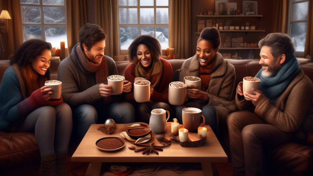 Diverse group of people warmly dressed for winter, each holding a cup of hot chocolate, gathered in a cozy living room sharing their experiences and reviews about the Hot Chocolate Velvetiser, with the device displayed prominently on a coffee table surrounded by various spices and ingredients for custom recipes.