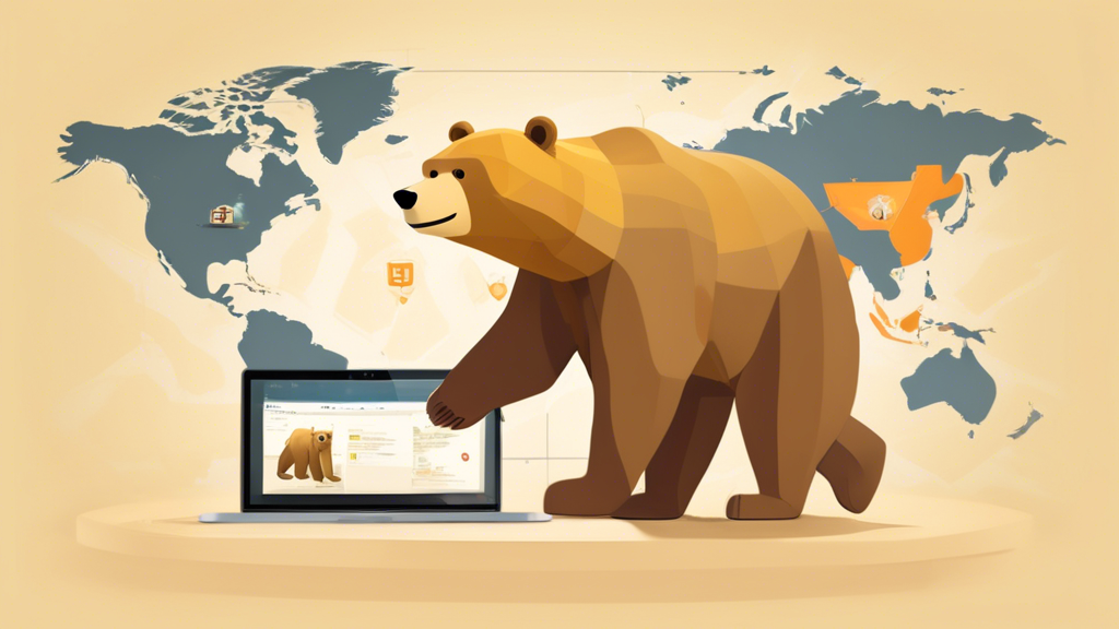 Create an image that showcases the main features and benefits of TunnelBear VPN. The image should have a bear mascot using a laptop with a friendly, easy-to-use interface on the screen. Surrounding the bear, include visuals representing security features like encryption symbols, a no-logs policy badge, and multiple server location markers on a world map. Highlight the theme of simplicity and security.