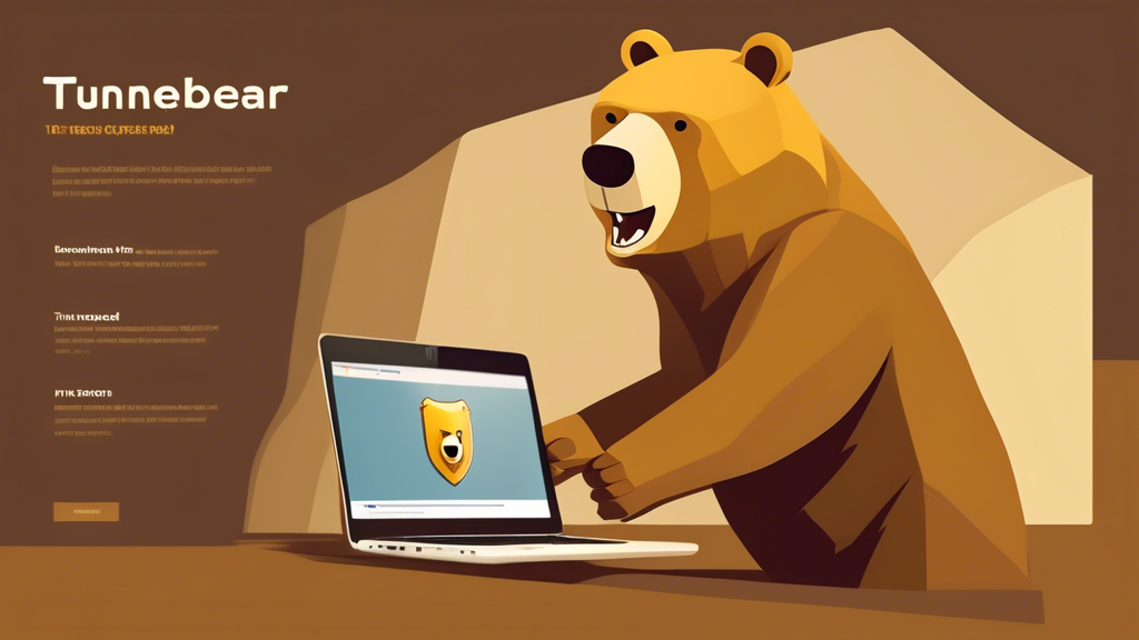 Create an image depicting TunnelBear in Action. Illustrate a satisfied user securely browsing the internet on their laptop, with a bear-shaped TunnelBear icon beside them. Include visuals that suggest speed and reliability, such as a progress bar moving swiftly and a shield symbol indicating security. The background can feature user testimonials and ratings, reflecting positive experiences with TunnelBear. Make sure the overall tone suggests ease of use and excellent customer support.