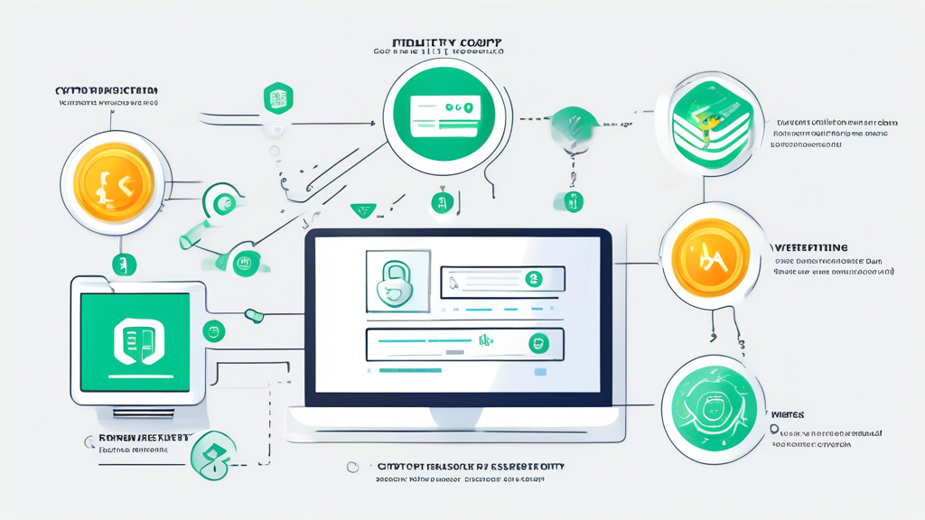 An illustrative and detailed visual guide depicting the process of creating and setting up a Fidelity Crypto Trading account. The image should include step-by-step visuals on registration, the verification process for account security, and depositing funds. Incorporate icons such as a user entering information on a computer, security shield for verification, and digital wallet or bank transfer symbols for funding the account. The overall style should be modern and user-friendly, with a clear and organized layout to convey the simplicity and security of the process.