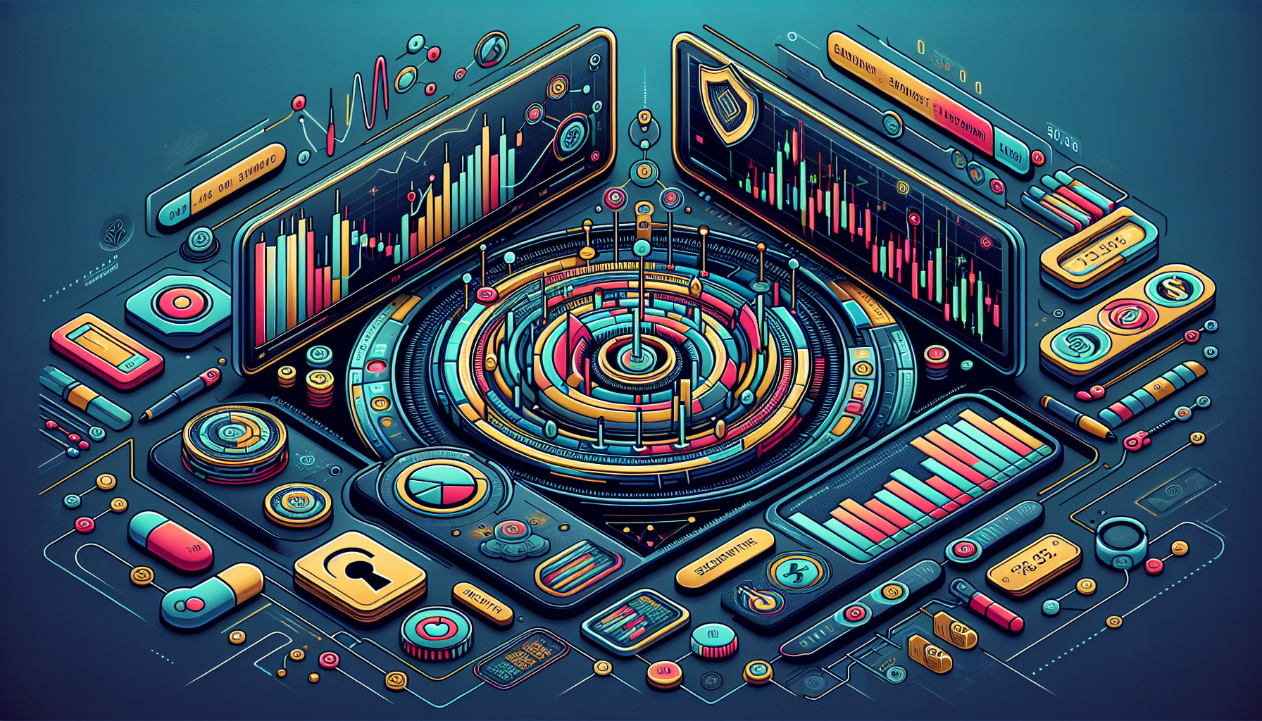 Create an image showcasing a modern user interface of a crypto trading app. The screen shows detailed charts with technical analysis indicators like moving averages and candlesticks. There are also icons and features for automation tools, represented by trading bots, operating in the background. Emphasize security elements with symbols like locks or shields to convey the protection of user data. The overall style is sleek and high-tech, reflecting the advanced capabilities of contemporary crypto trading applications. Text overlay (optional): Ключевые функции и инструменты приложений для крипто-трейдинга in a modern font.